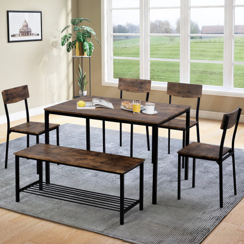 UK Local Dining Table Chair And Bench Set 6 Wooden Steel Frame Industrial Style Kitchen Dining Table Set