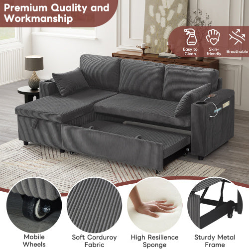 UK Local 3 In 1 Convertible Corduroy Sofa Bed With Storage Chaise, L Shaped Sleeper Sofa Couches With Armrest Storage And Charging Station. Pullout Sectional Daybed For Living RoomBedroomOffice, Grey