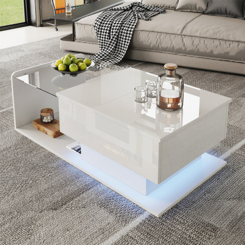 UK Local Coffee Table, High-Gloss White, Side Table, Coffee Table With Glass And LED Effect, With Glass Top
