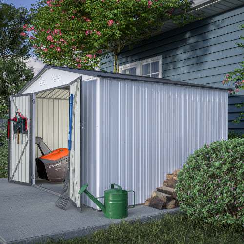 10X8 FT Outdoor Storage Shed, All Weather Metal Sheds With Lockable Doors, Tool Shed For Garden, Patio, Backyard, Lawn, Grey