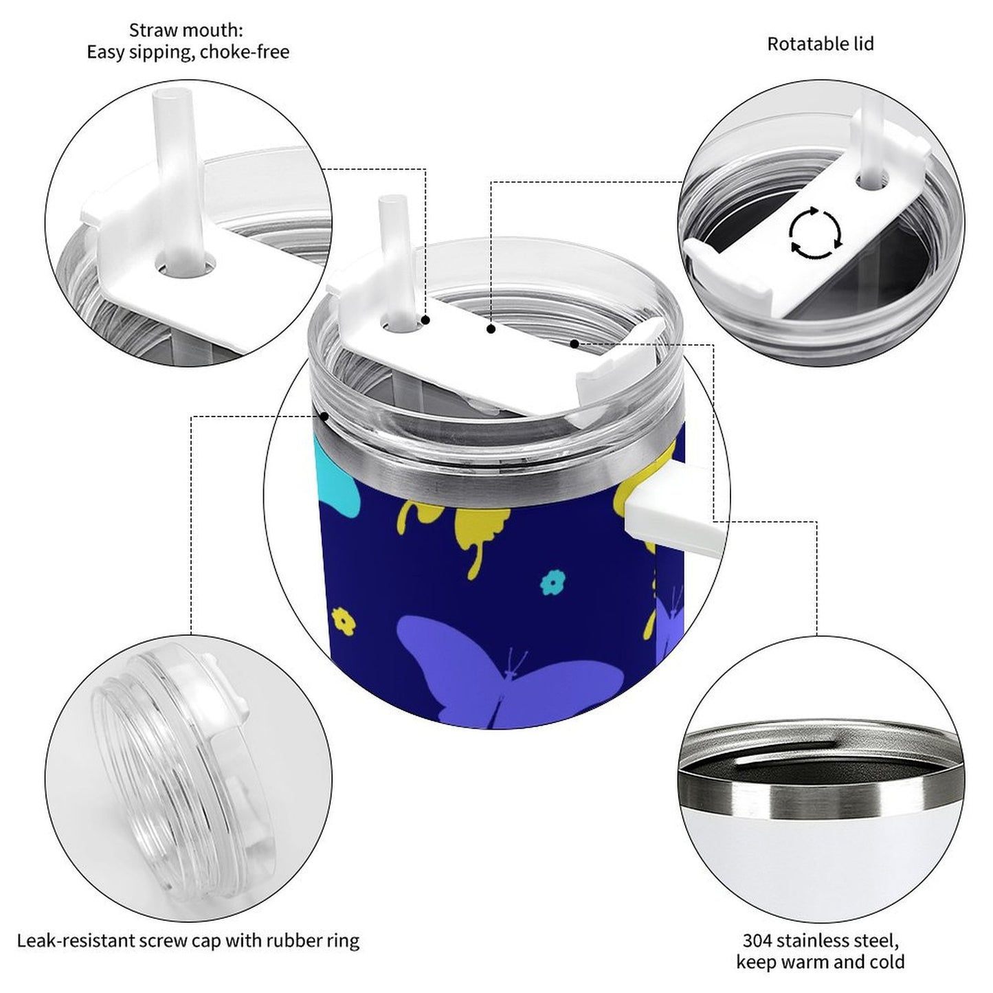 PHDT00506 POD US Local Tumbler 40oz Large Capacity Car Cup Butterfly Red Blue Yellow