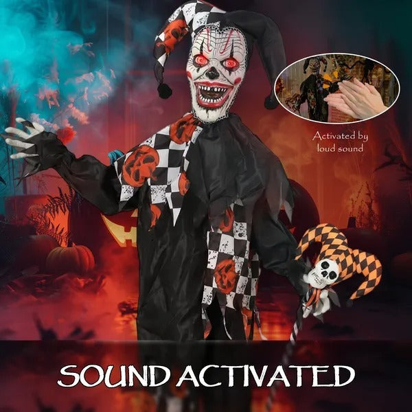 CA Local Life Size Halloween Animated Clown With Red Light Up Eyes, Sound Activated Scary Halloween Decorations, Battery Operated
