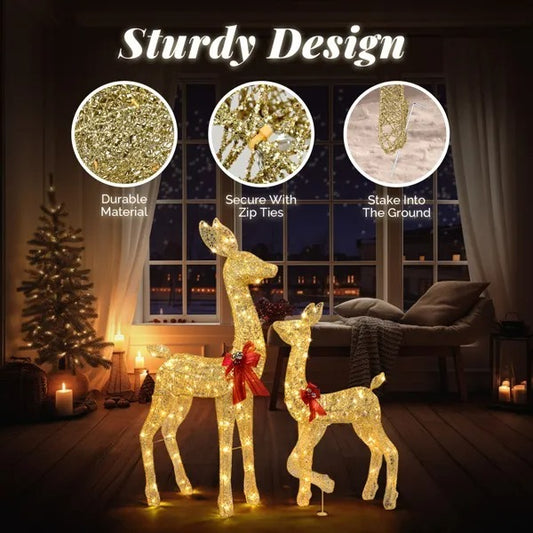2-Piece Lighted Christmas Deer Family, Outdoor Yard Decoration Set With 210 LEDs Warm White Light, Gold