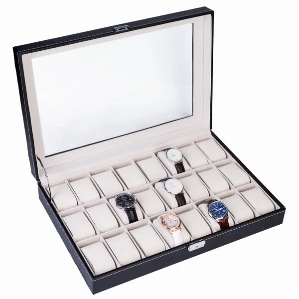 US Local 24 Slot Elegant Portable Black Watch  Box Case Organizer For Storage Display Holds Watches Jewelry For Men Women