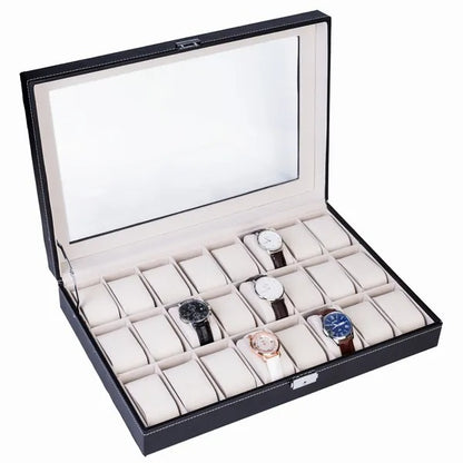 US Local 24 Slot Elegant Portable Black Watch  Box Case Organizer For Storage Display Holds Watches Jewelry For Men Women