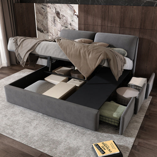 UK Local Upholstered Bed,King Size Bed-5ftm  150x200cm, Hydraulic Bed, Three Drawers, Bed Box For Storage, Slatted Frame With Headboard, Without Mattress, Velvet, Grey