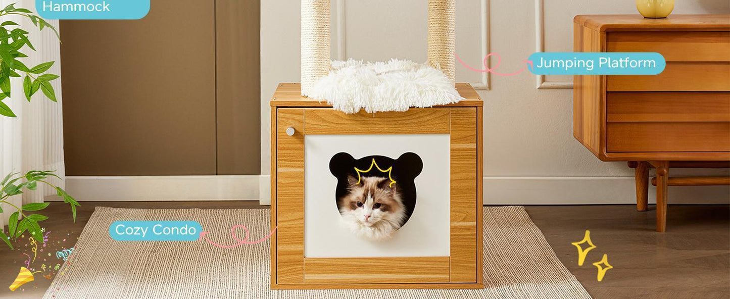 US Local Solid Wood Cat Tree And Tower With Litter Box, Cat Scratching Board And Hammock For Indoor Large Cats