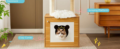 US Local Solid Wood Cat Tree And Tower With Litter Box, Cat Scratching Board And Hammock For Indoor Large Cats