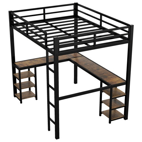US Local Full Metal Loft Bed With Desk And Shelves, Loft Bed With Ladder And Guardrails, Loft Bed Frame For Bedroom
