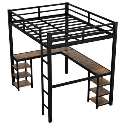 US Local Full Metal Loft Bed With Desk And Shelves, Loft Bed With Ladder And Guardrails, Loft Bed Frame For Bedroom