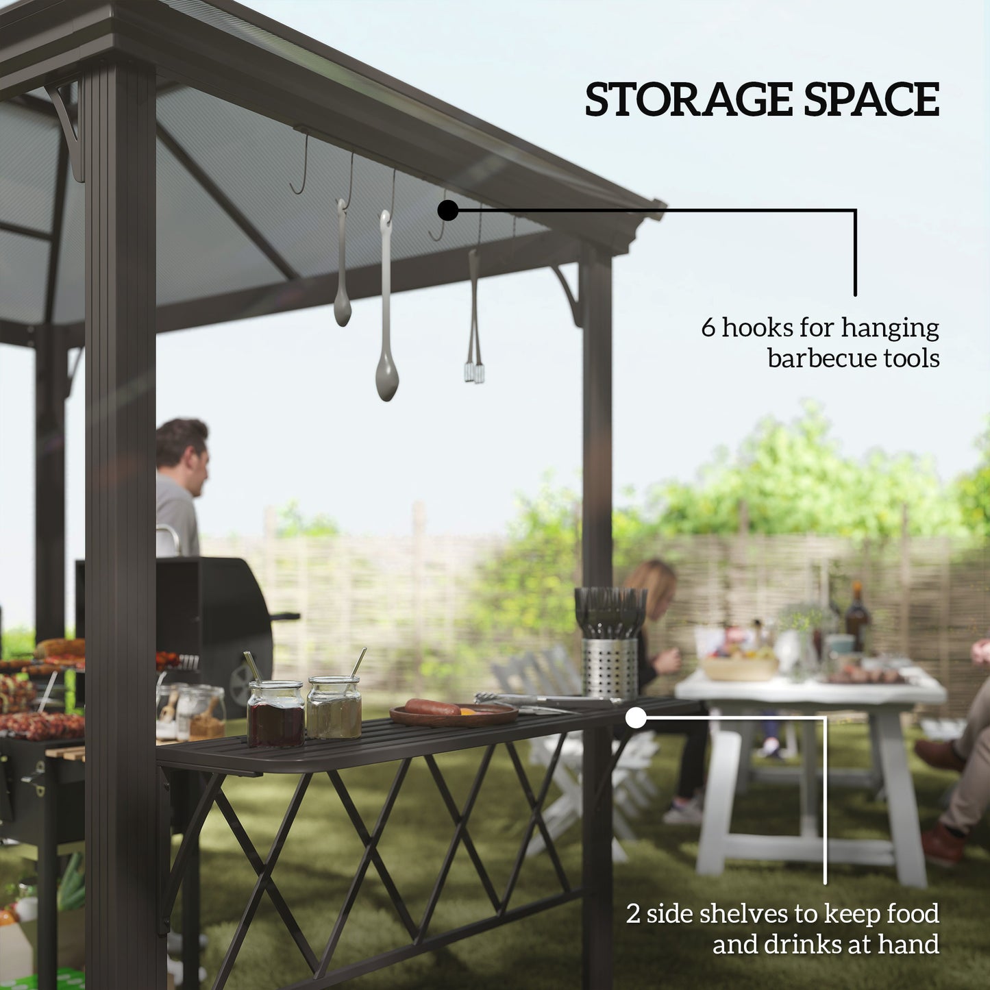 US Local Outside Porch BBQ Cooking Pergola Canopy With 6 Hooks For Utensils And Double Venting Roof, Coffee