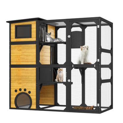 US Local GO Large Cat Catio 4 Tiers Cat Enclosure For Outdoor, Cat House Weatherproof Attached To Window For Multiple Cats With Platforms And Resting Rooms, Brown