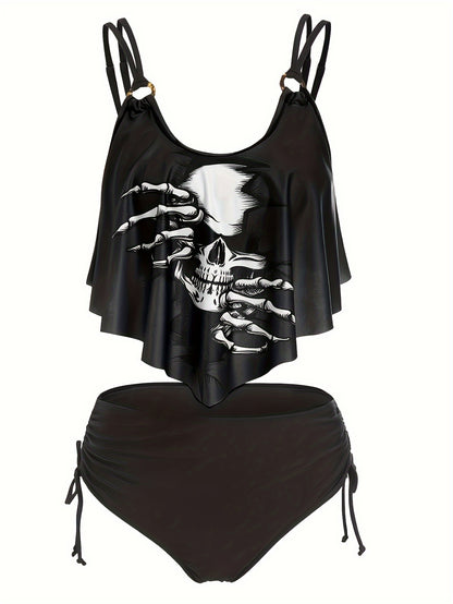 Women's Fashionable And Sexy Tankini Set, With Ruffled Edges And Halloween Skull Print, Two-piece Swimsuit, Vacation Style.