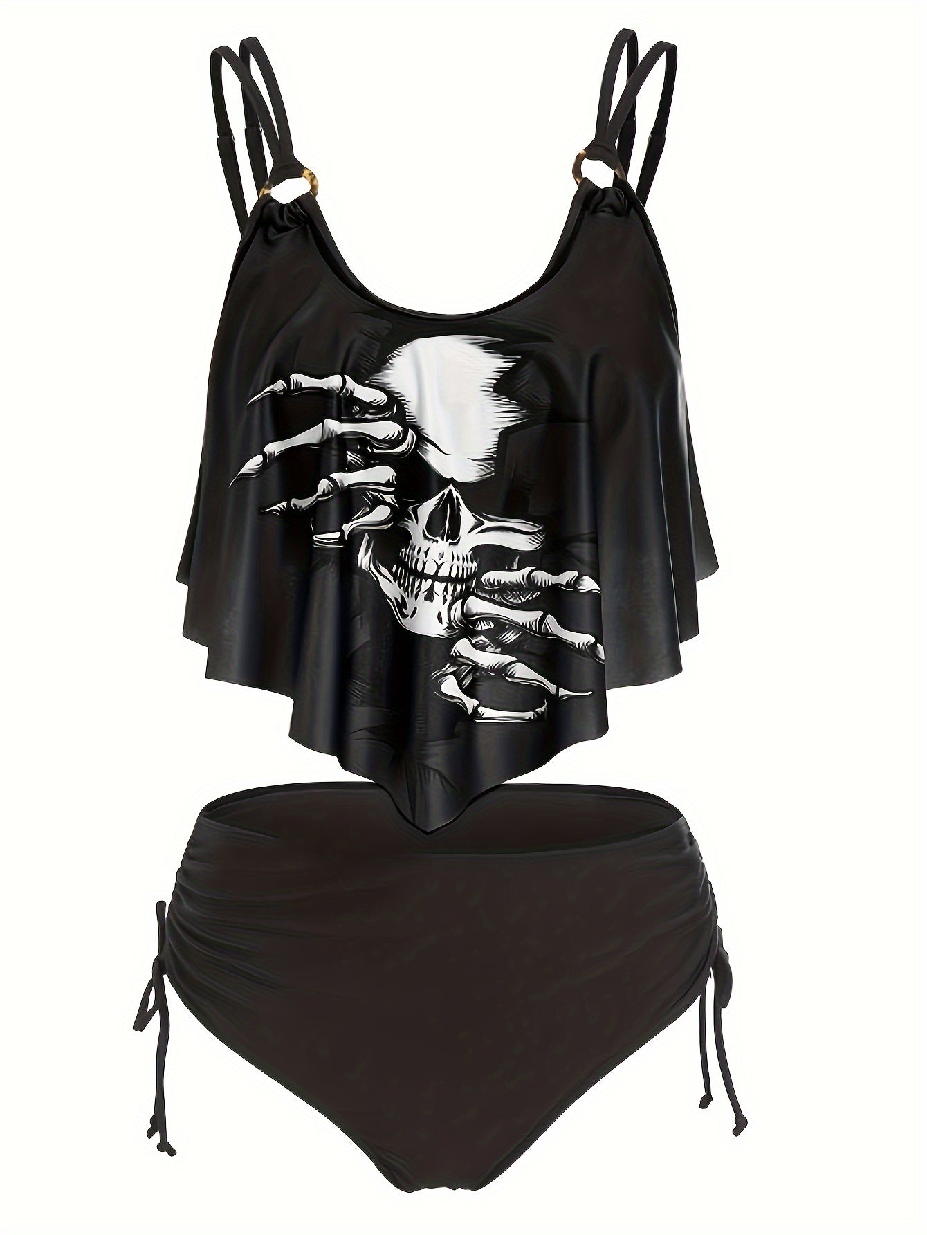 Women's Fashionable And Sexy Tankini Set, With Ruffled Edges And Halloween Skull Print, Two-piece Swimsuit, Vacation Style.
