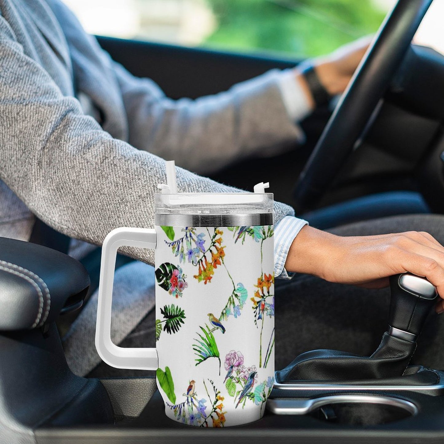 PHDT00531 POD US Local Tumbler 40oz Large Capacity Car Cup Parrots, Flowers, Tropical