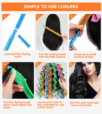US Local Heatless Hair Curlers Wave Curls Styling Kit For Women Girls On Hair Care - 30 Pcs - 6 Colors
