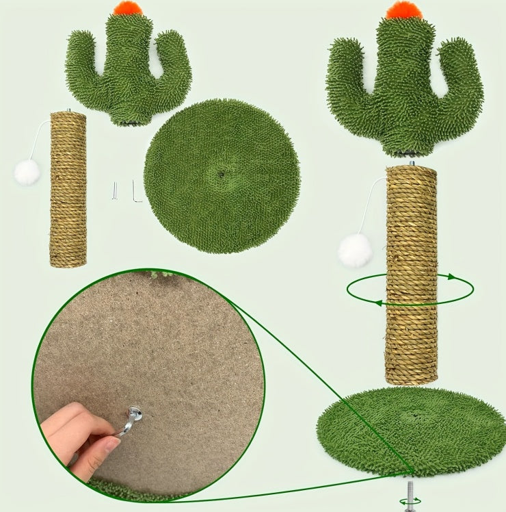 US Local Cactus Cat Climbing Tree 2-in-1 - Solid Wood Base Natural Sisal Scratching Pillar With Hanging Ball Toy, Indoor Cat Multi-level Activity Center