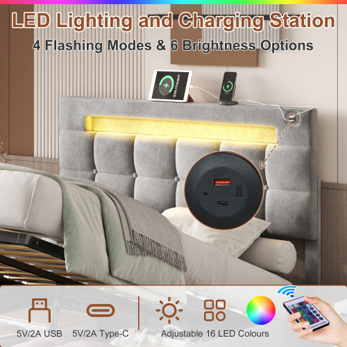UK Local 4ft6 Double Upholstered Bed Frame With Hydraulic Storage, Velvet Ottoman Bed With LED Lighting And Charging Station, Double Bed With Adjustable Button Tufted Headboard, Beige