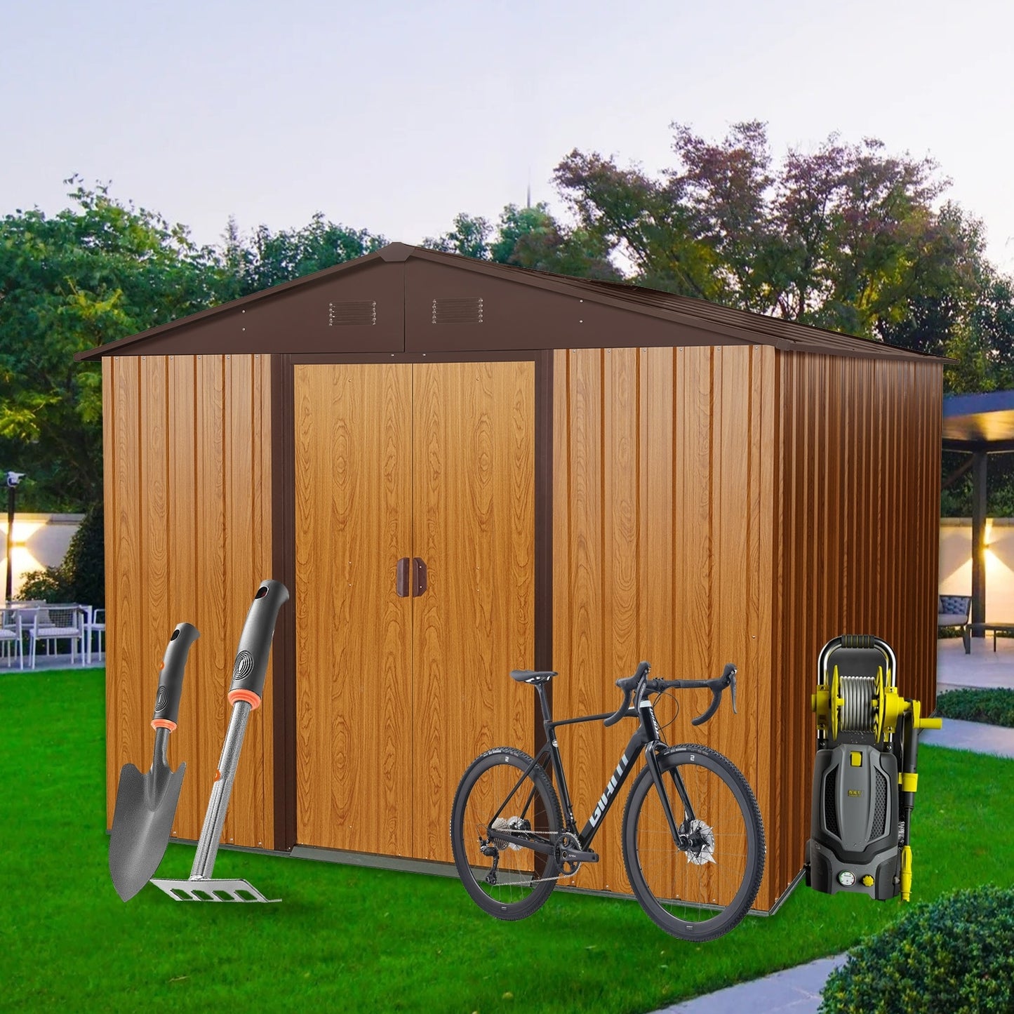 US Local 10ft X 8ft Outdoor Metal Storage Shed With Metal Floor Base,Coffee