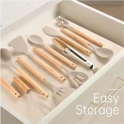 US Local Non-Stick Silicon 12 Pcs Heat Resistant Wooden Handle Kitchen Cooking Utensils Set, Khaki Color