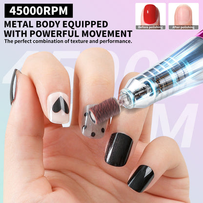 US Local Professional Electric Nail Drill, 45000 RPM Cordless Rechargeable E-File Machine, With 12 Bits, Sanding Bands, LCD Display For Acrylic Gel Nails