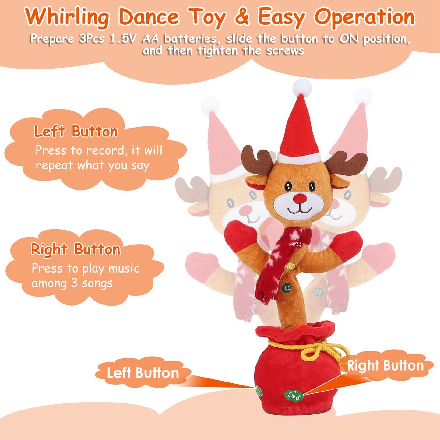US Local 1Pc Penguin Or Elk Kid Electric Dance Toy Christmas Elk Snowman Senior Penguin Plush Toy Interactive Sing Song Whirling Mimicking Recording Light Up Toy