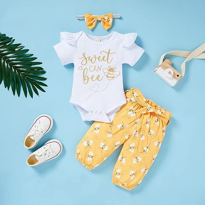 US Local Infant Baby Girl Sweet Bee Outfits Letter Print Romper Honey Bees Pants Bowknot Headband Clothes Set