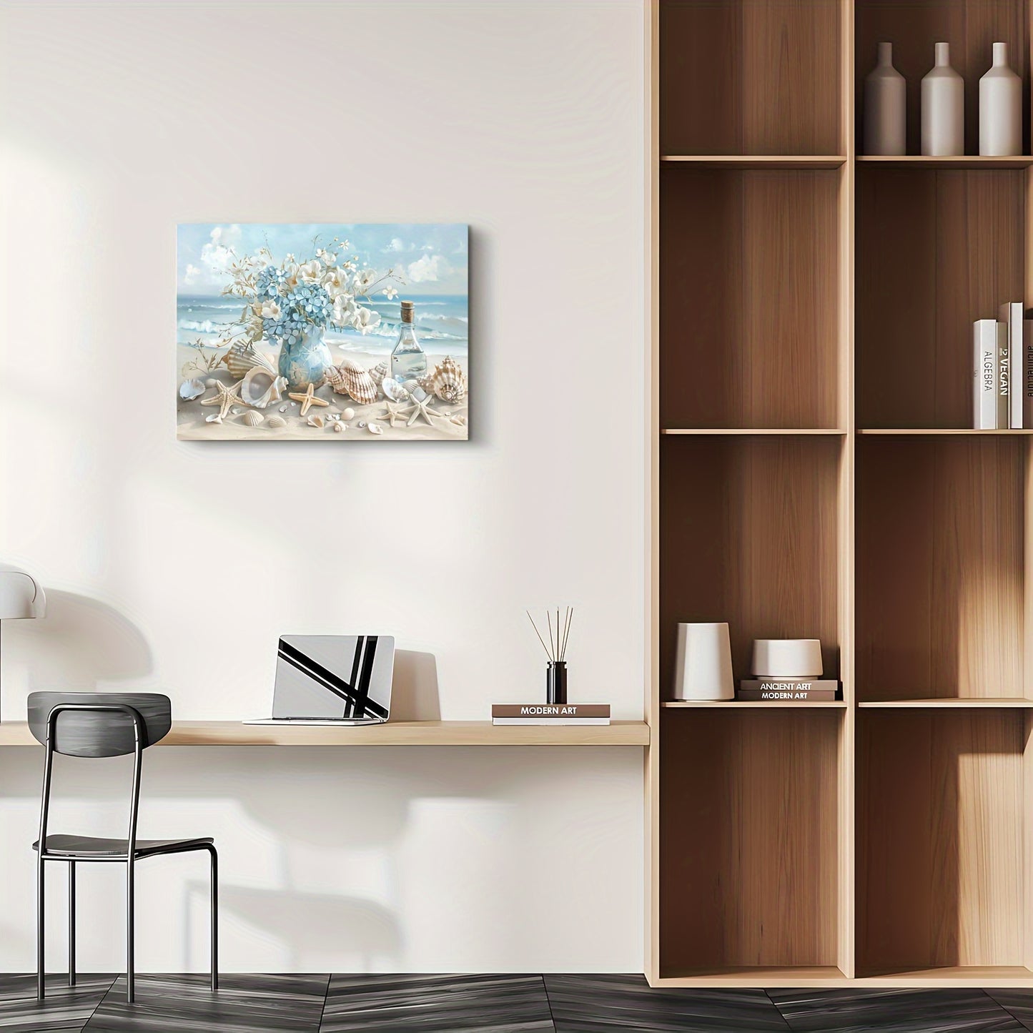 US Local 1 Piece Framed Wooden Canvas Painting, One Piece Blue Vase Floral Canvas Print, Wooden Frame Wall Art, Shell And Ocean Theme, Home And Office Decor, Suitable For Living Room, Bedroom, Kitchen, School