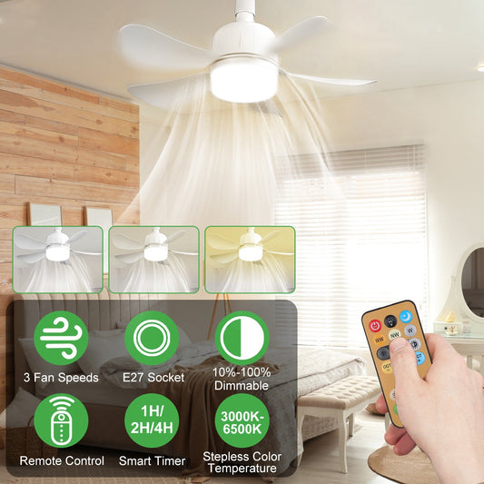 US Local 1Pc Socket Fan Light 12W Ceiling Fan With Lights Dimmable LED Ceiling Fan With 3 Fan Speed Stepless Brightness And Color Temperature Smart Timer Remote Control