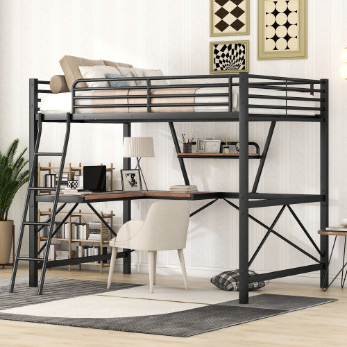 US Local Full Size Loft Metal&MDF Bed With Desk And Shelf, Black