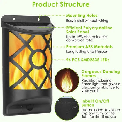 US Local Flame Solar Lights Outdoor 96 LEDs Waterproof Flickering Flame Wall Mount Lamp Auto On Off