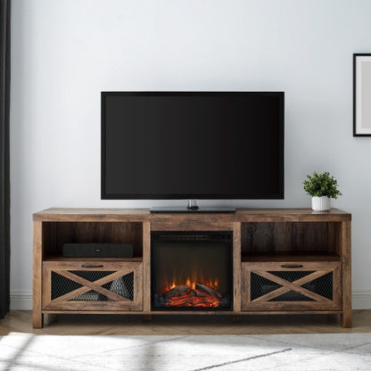 US Local Industrial Farmhouse Metal Mesh Drop-Down X-Door Fireplace TV Stand For TVs - Rustic Oak