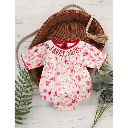 US Local Infant Girls' Floral Smocked Romper 'DADDY'S Girl' Embroidery Short Sleeve Crew Neck Adorable Princess Party Bodysuit