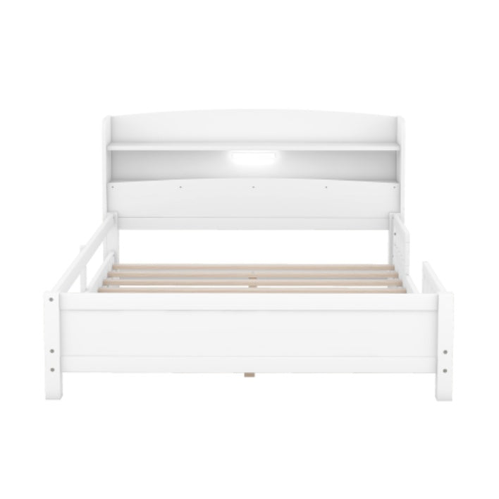US Local Wood Full Size Platform Bed With Built-in LED Light, Storage Headboard And Guardrail, White