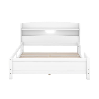 US Local Wood Full Size Platform Bed With Built-in LED Light, Storage Headboard And Guardrail, White