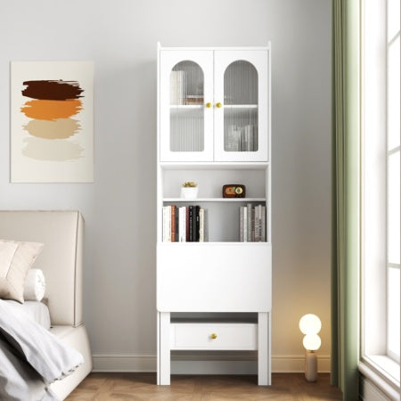 US Local Fold-Out Convertible Writing Table, Desk Cabinet With Shelf And Drawer Multi-Function Home Office Workstation