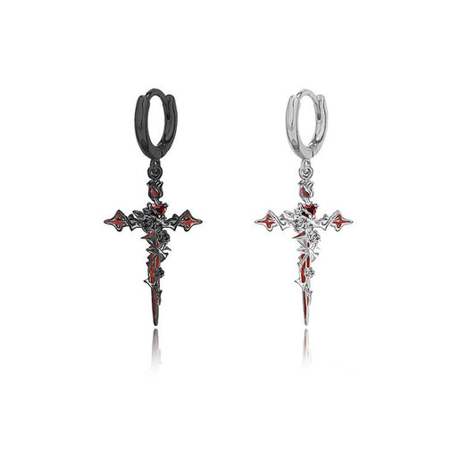 Halloween Cross Thorn Rose Pendant Earrings