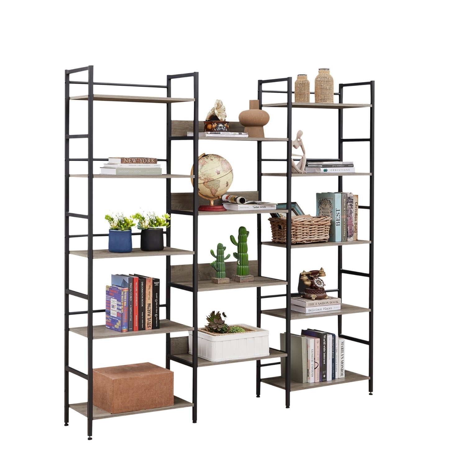US Local Triple Wide 5-Shelf Industrial Retro Bookshelves For Home & Office