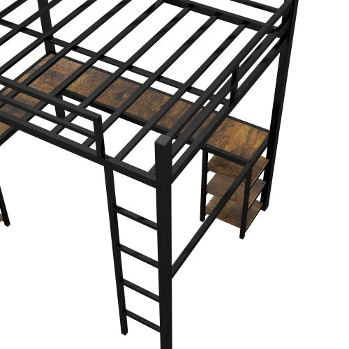 US Local Full XL Metal Loft Bed With Desk And Shelves, Loft Bed With Ladder And Guardrails, Loft Bed Frame For Bedroom, Black