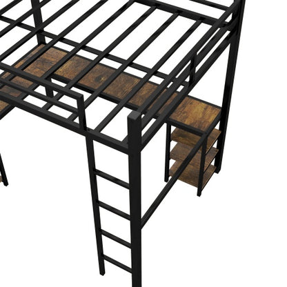 US Local Full XL Metal Loft Bed With Desk And Shelves, Loft Bed With Ladder And Guardrails, Loft Bed Frame For Bedroom, Black