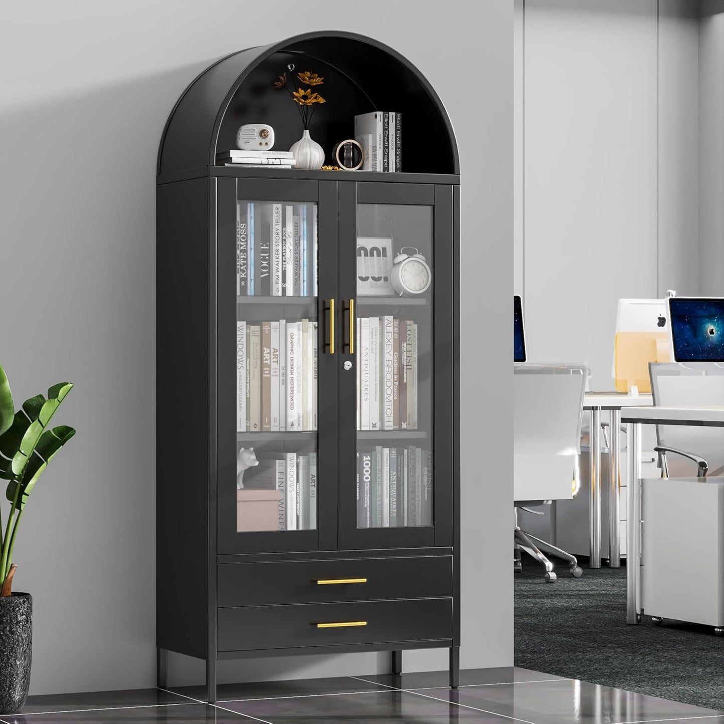 US Local 73 In Tall Metal Arched Cabinet, Kitchen Pantry Cabinet With Glass Doors, Modern Farmhouse Arched Bookcase With 2 Drawers And 2 Adjustable Shelves For Living Room, Black, Assembly Required