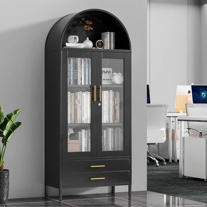 US Local 73 In Tall Metal Arched Cabinet, Kitchen Pantry Cabinet With Glass Doors, Modern Farmhouse Arched Bookcase With 2 Drawers And 2 Adjustable Shelves For Living Room, Black, Assembly Required