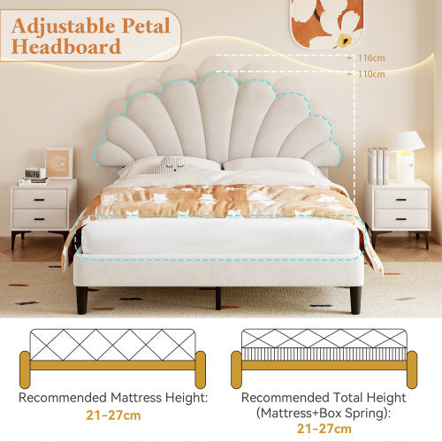 UK Local 4ft6 Double Upholstered Velvet Bed Frame, With Adjustable Chic Petal Headboard, Velvet Platform Bed Frame With Solid Wood Slat, No Box Spring Needed, Easy Assembly, Beige