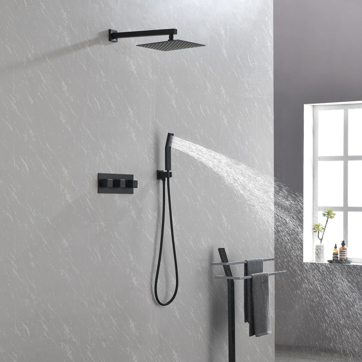 US Local Brass Matte Black Shower Faucet With Shower System,10 Inch Shower Head And Handheld Spray Bathroom Combination