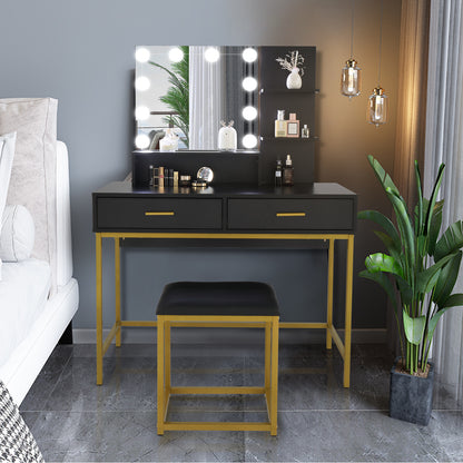 US Local Black, Particleboard, Steel Frame, Two-drawer, Three-tier Shelf, Dressing Table Set, Three-tone Light, Light Luxury