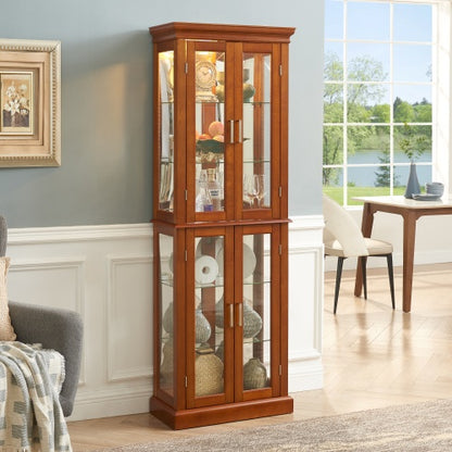 US Local Curio Cabinet Lighted Curio Diapaly Cabinet With Adjustable Shelves And Mirrored Back Panel, Tempered Glass Doors