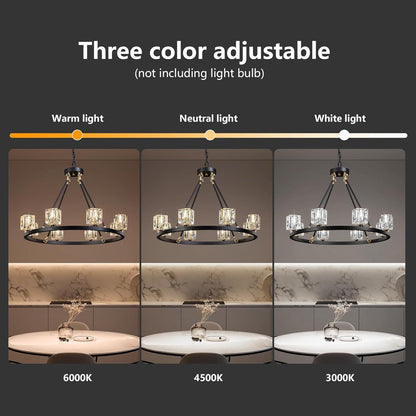 US Local Black Wagon Wheel Chandelier, 8-Light Farmhouse Crystal Chandeleirs With Adjustable Height,Ceiling Hanging Light Fixture Pendant Lights For Living Room,Bedroom,Kitchen Island,Dining Room,Bedroom