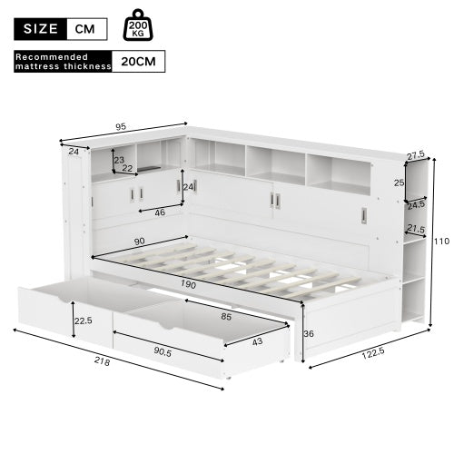UK Local Platform Bed With Trundle  Bookcase  USB,Single Bed-3ft 90x190cm,Household Bed, Multifunctional Bed,with 2 Storage Drawers, Dust-proof Cabinet And Shelves, Large Storage Space,white