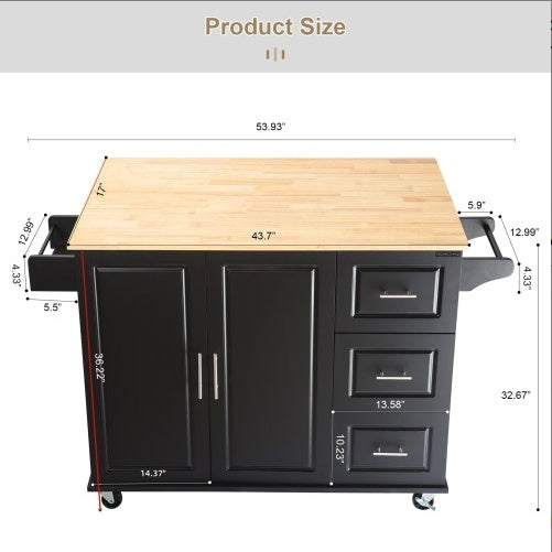 US Local Kitchen Island And Kitchen Trolley, Mobile Kite Island, With Extendable Rubberwood Tabletop, Adjustable Cabinet Shelves