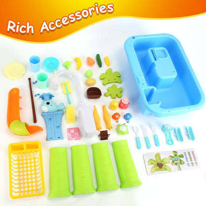US Local 1Set 3 In 1 Kitchen Sink Toy With Electric Faucet Water Table Fishing Game Role Play Sink Set Indoor Outdoor For Kids Aged 3 Years Old